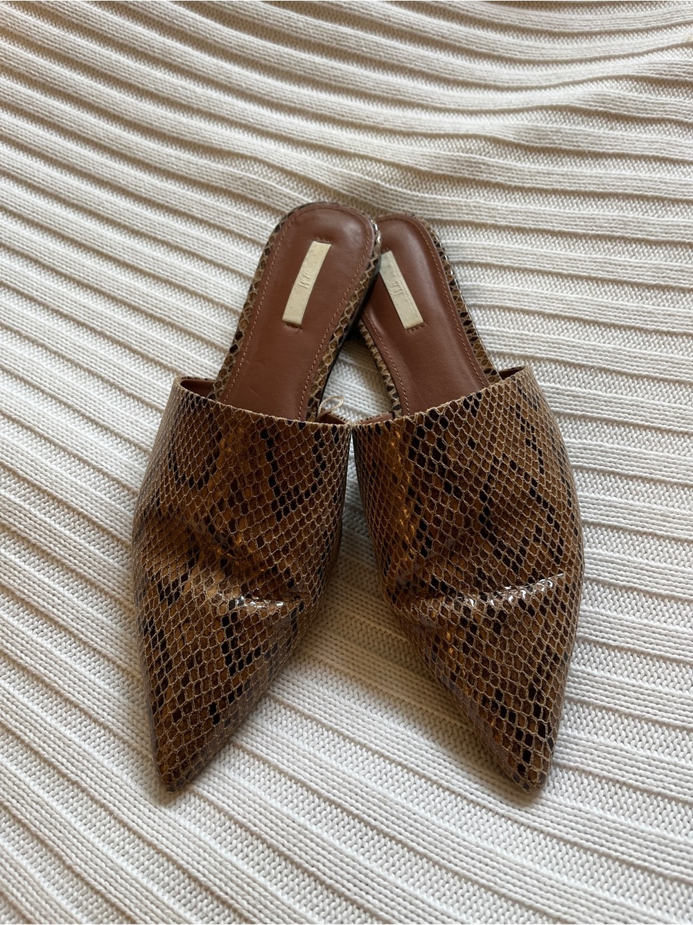 Brown Snake-Print Pointed Toe Mule Slides - Women